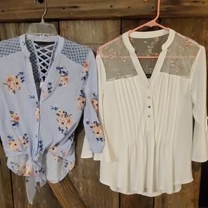 Two 3/4 sleeve sheer shoulder tops